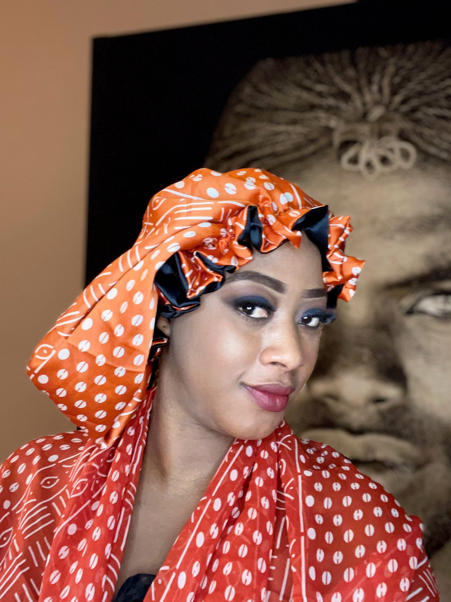 Mama Theresa´s Satin Schlafkappe für Afro-Locken - Orange Pattern- Bogolan Print