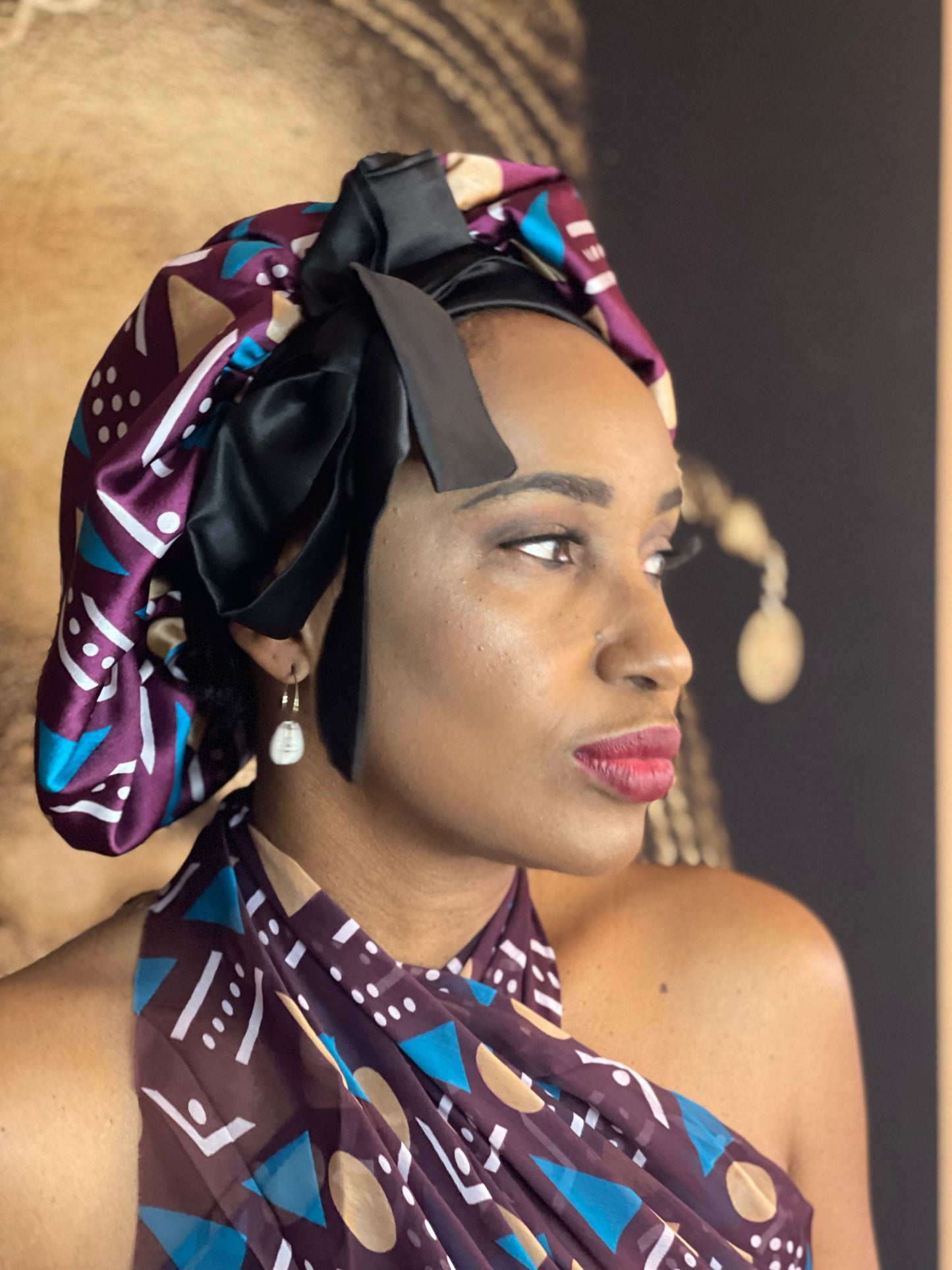 Mama Theresa´s Satin Schlafkappe für Afro-Locken - Lila -Bronze- Bogolan Print