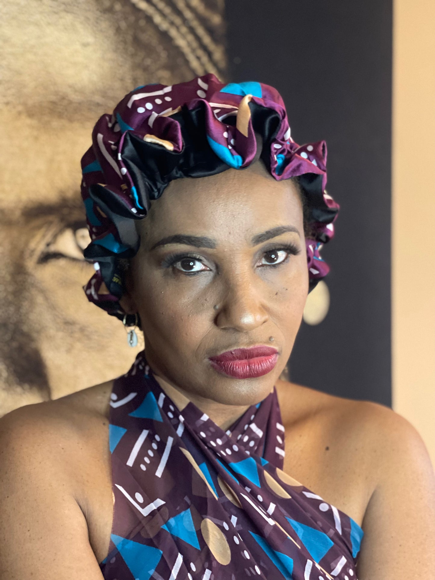 Mama Theresa´s Satin Schlafkappe für Afro-Locken - Lila -Bronze- Bogolan Print