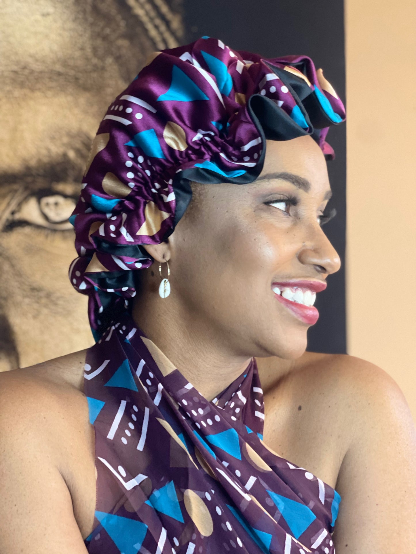 Mama Theresa´s Satin Schlafkappe für Afro-Locken - Lila -Bronze- Bogolan Print