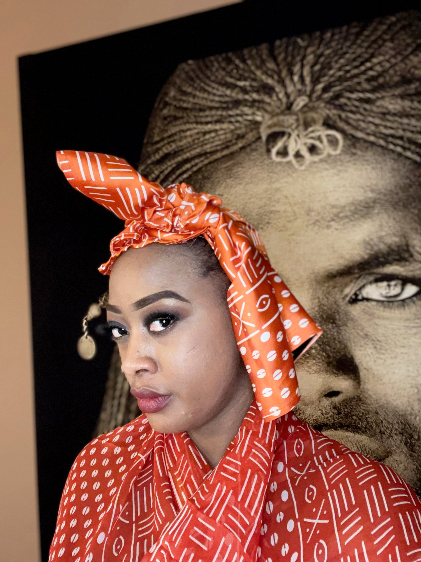 Mama Theresa´s Satin Schlafkappe für Afro-Locken - Orange Pattern- Bogolan Print