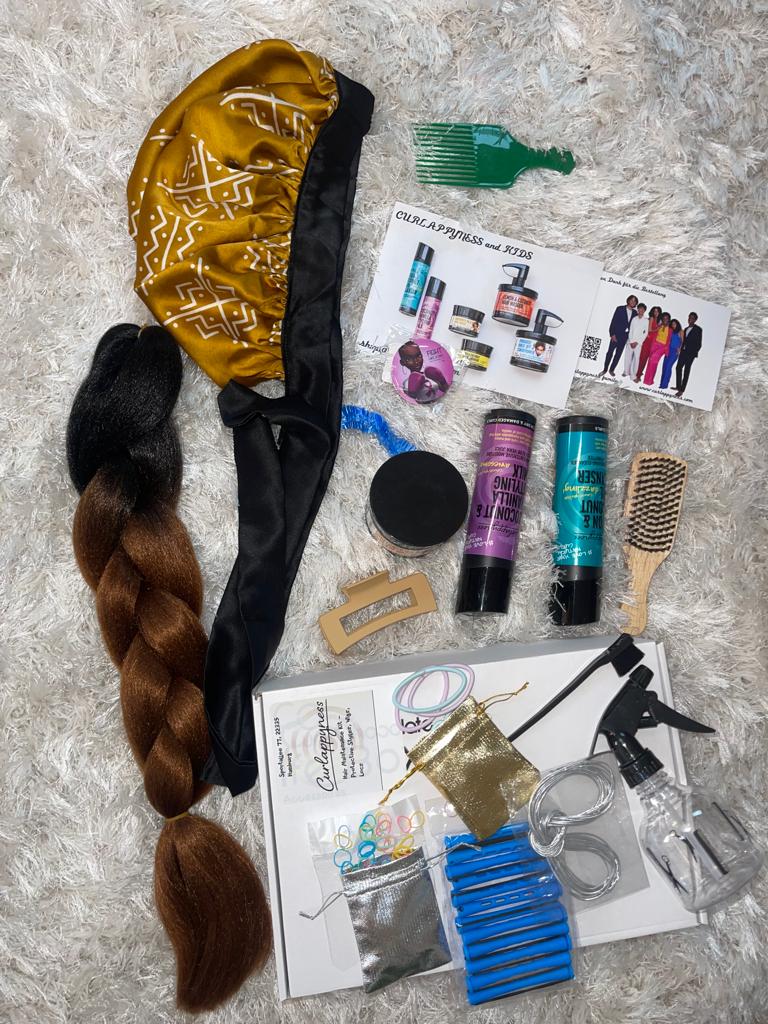 Satin Schlafkappe, Curlappyness Hairmilk, Bürste für lockige Haare , Sprühflasche, Haarkamm, Haarklammer , Afrohaar accesoire